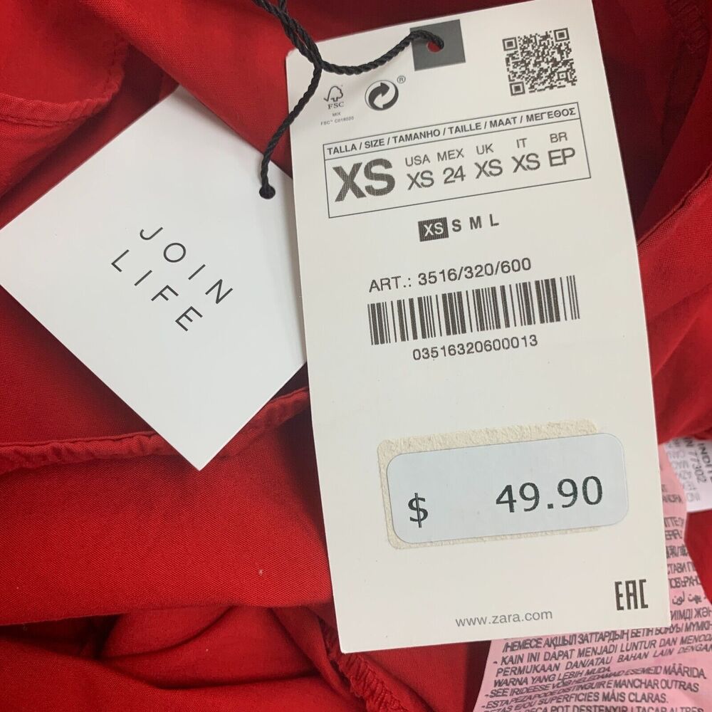 Zara Cut Out Polin Dress Womens XS Extra Small Red Midi Puff Sleeves Cinch Waist - Picture 14 of 16